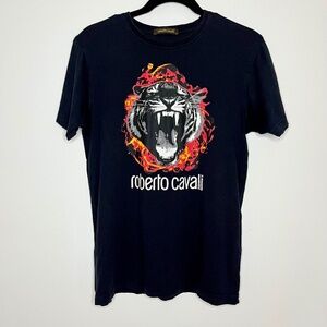 ROBERTO CAVALLI Mens Tiger Print Black T-Shirt, Size Medium